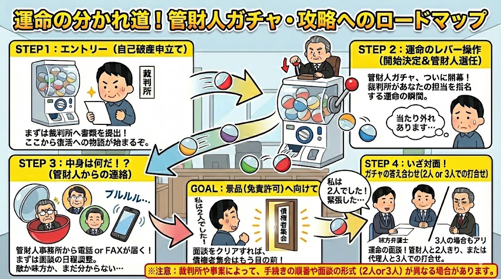 自己破産申立てから管財人面談までの流れを解説したロードマップ（管財人ガチャ攻略図